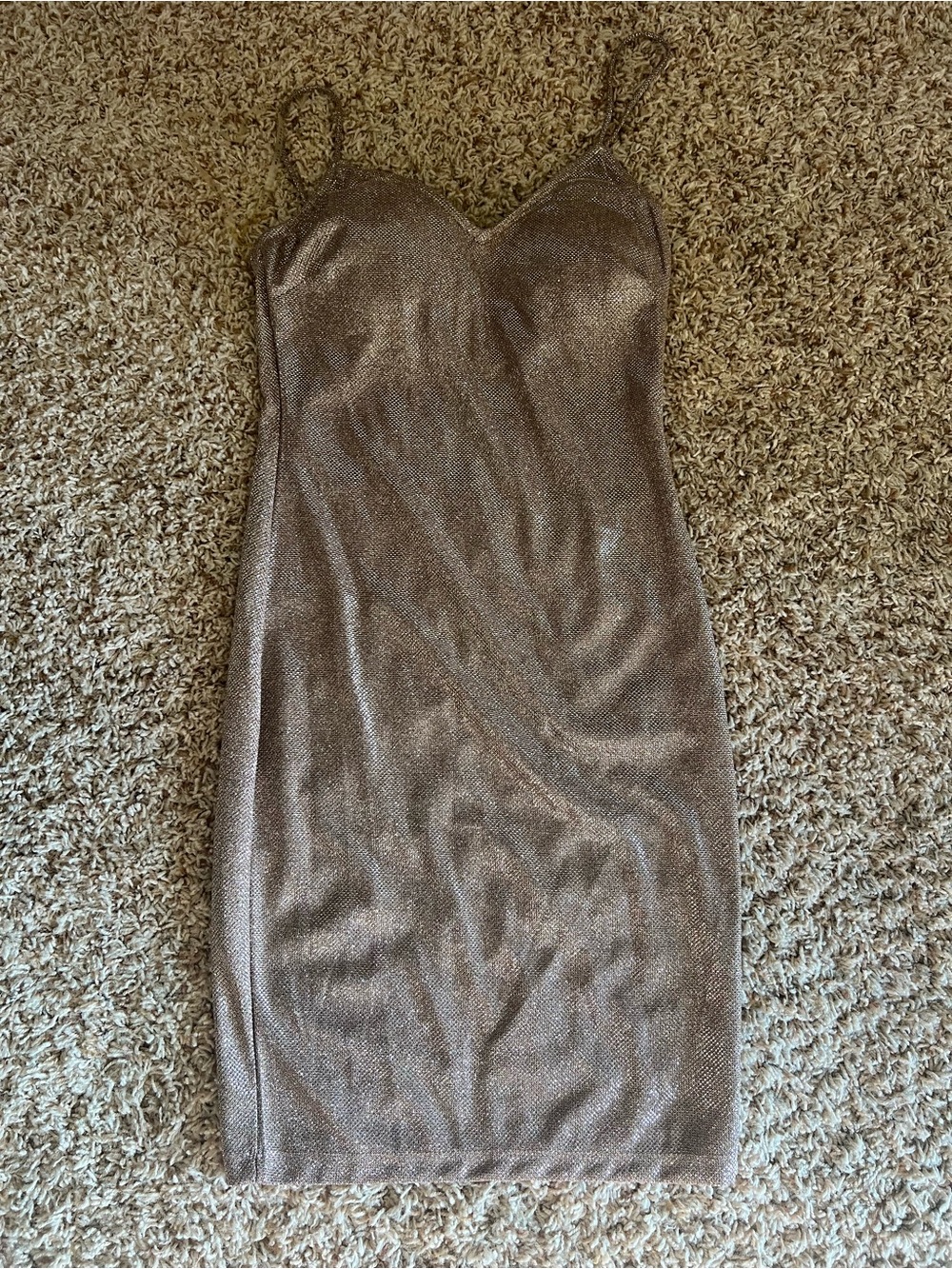 Haute Monde Metallic Taupe Spaghetti Strap Mini Dress